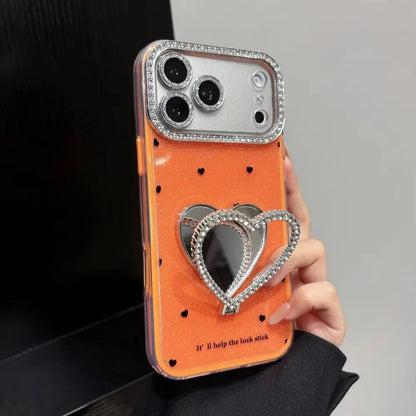 Glitter Diamond Love Heart Mirror Bracket Case For iPhone
