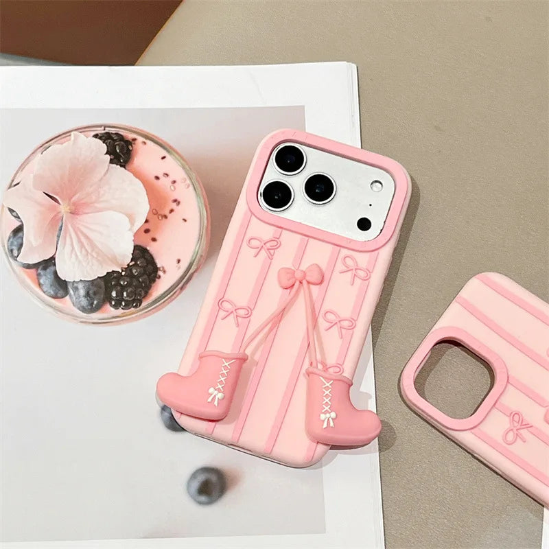 3D Cartoon Pink Boots Bowknot Pendant Striped Phone Case For  iPhone