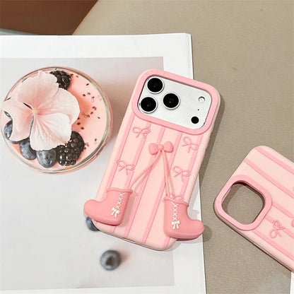 3D Cartoon Pink Boots Bowknot Pendant Striped Phone Case For  iPhone