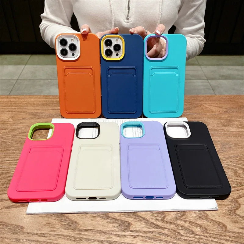 3 in 1 Card Holder Wallet Solid Color Skin Feel Phone Case For iPhone