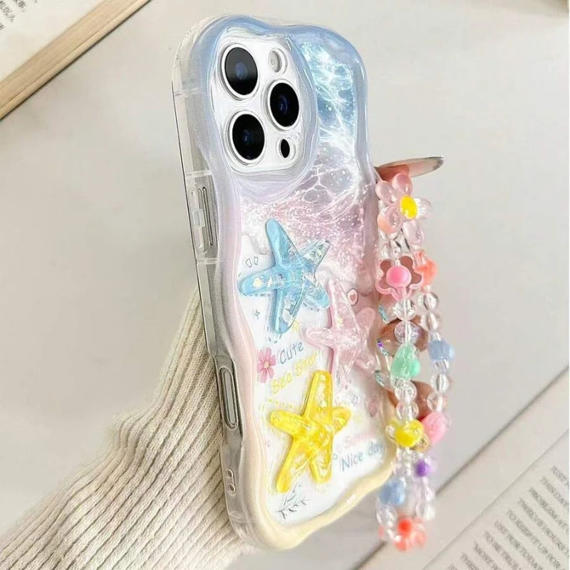 Cartoon Starfish Shell Transparent Wavy-Edge Phone Case For iPhone