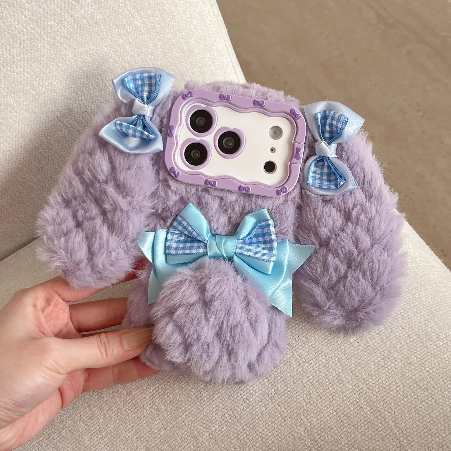 Bunny Rabbit Plush Phone Case with Butterfly Knot Design For iPhone