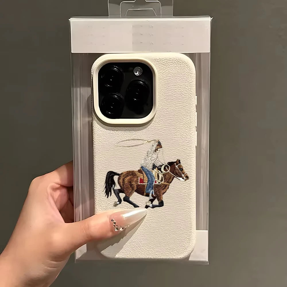 Retro Cowboy Riding Horse Pattran Lychee Soft Phone Case For iPhone
