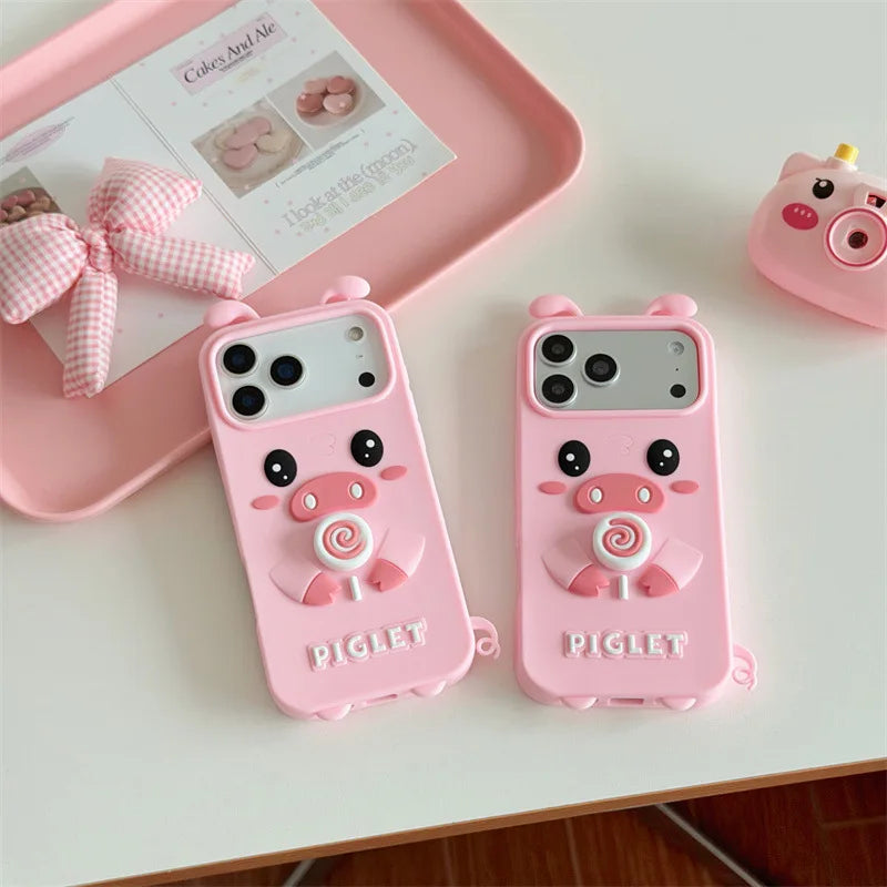 Korean 3D Rotating Candy Cartoon Pink Pig Pattern Soft Silicone Phone Case For  iPhone