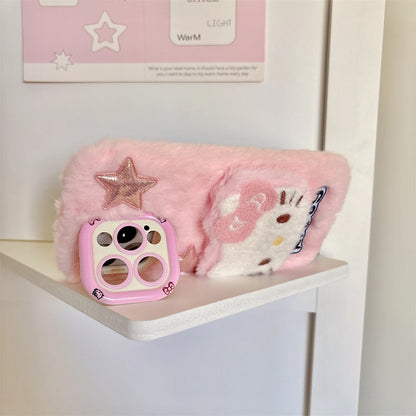 Cute Hello Kitty Fur Fluffy Camera Holder Stand Phone Case