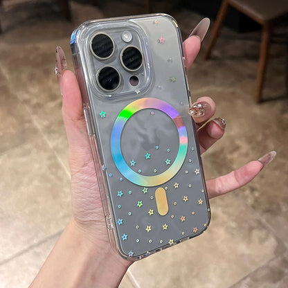 Dazzling Laser Star Pattern Magnetic Wireless Charging Clear Phone Case For iPhone