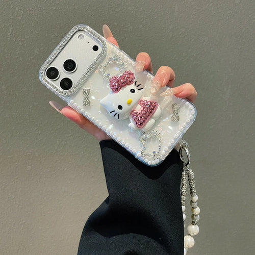 3D Cute Cartoon Sanrio Hello Kitty Bling Glitter Pearl Phone Case For iPhone