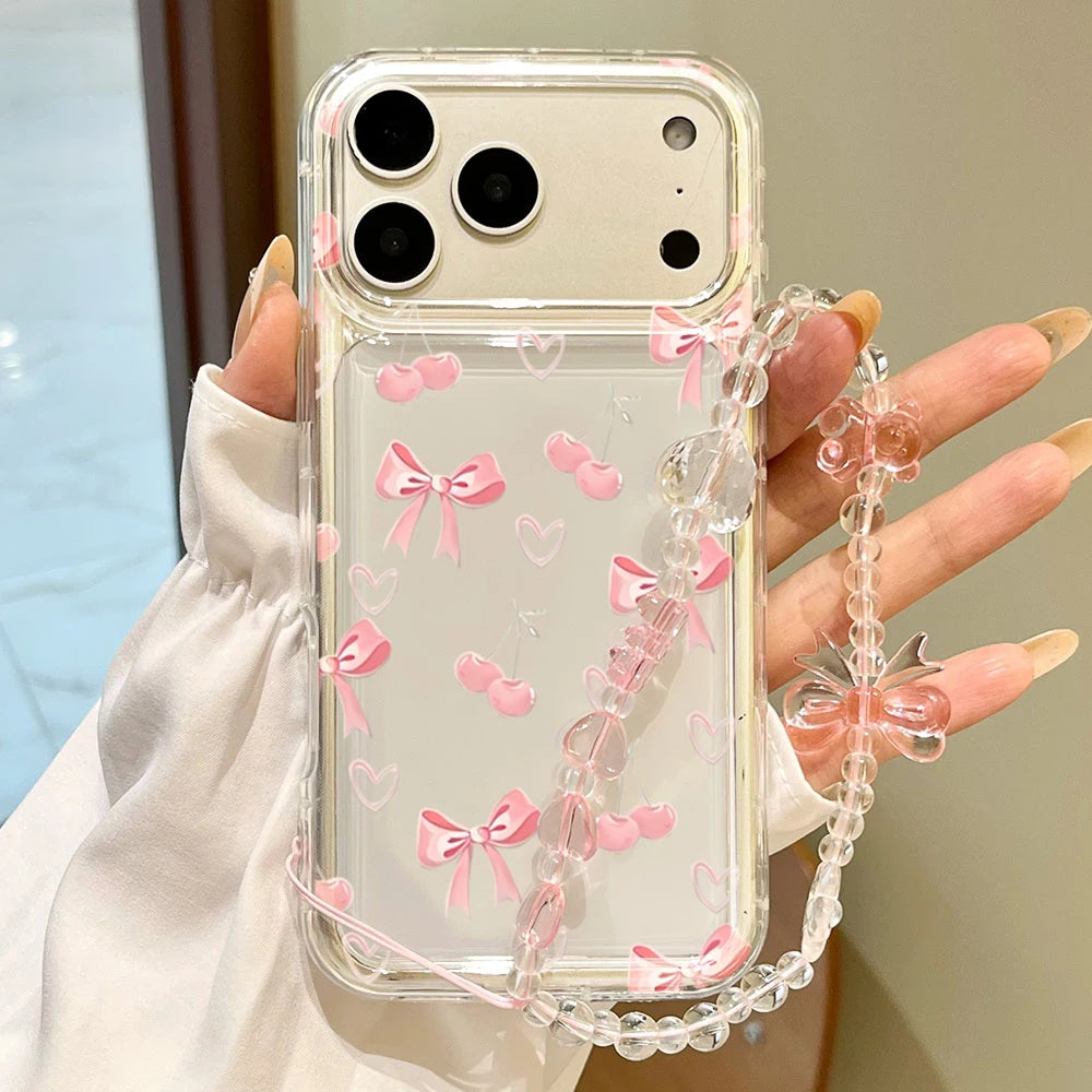 Korean Cherry Heart Bowknot Pattern Phone Case For iPhone