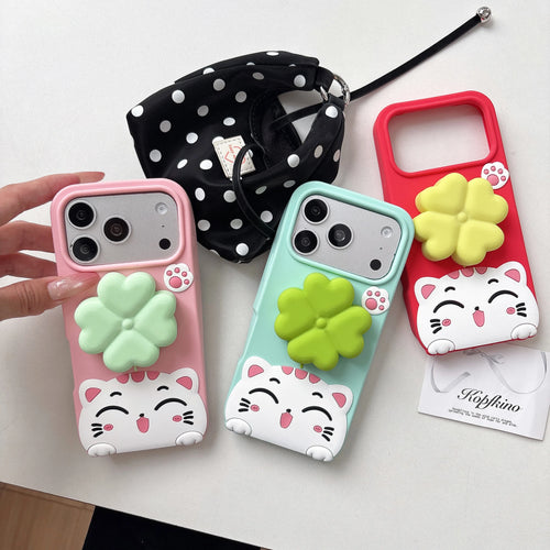 Kawaii 3D Cartoon Cat Rotate Lucky Clover Grip Tok Phone Holder Case For iPhone