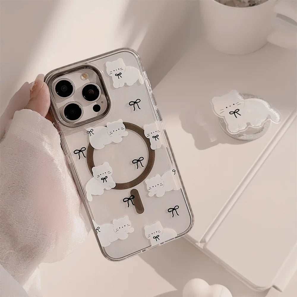 Korean Cute Cartoon Cat Transparent Magnetic Holder Phone Case  For iPhone