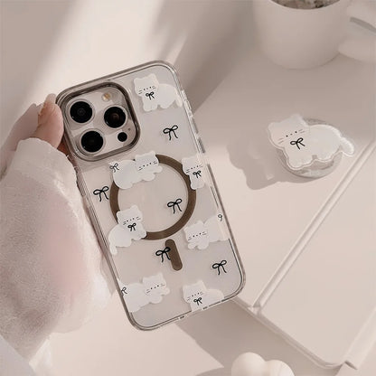 Korean Cute Cartoon Cat Transparent Magnetic Holder Phone Case  For iPhone