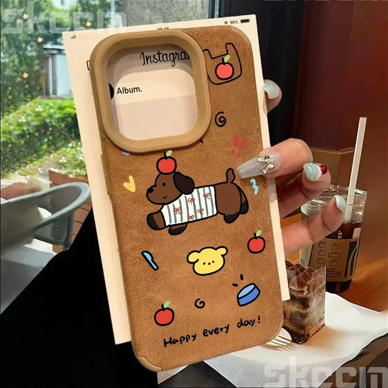 Line Drawing Sausage Dog Leather Phone Case For iPhone