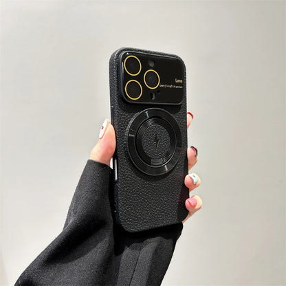 Large Window Litchi Texture For Magsafe Magnetic Case For iPhone