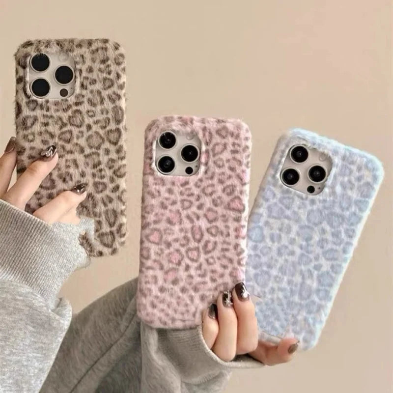 Winter Luxury Leopard fluffy Hand Warmer Plush Case For iPhone