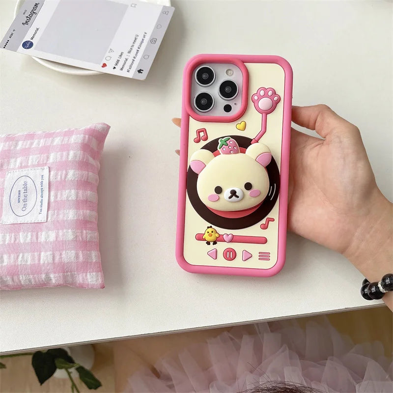 Rotating Record Player Rilakkuma Retractable Stand Phone Case, Compatible With iPhone