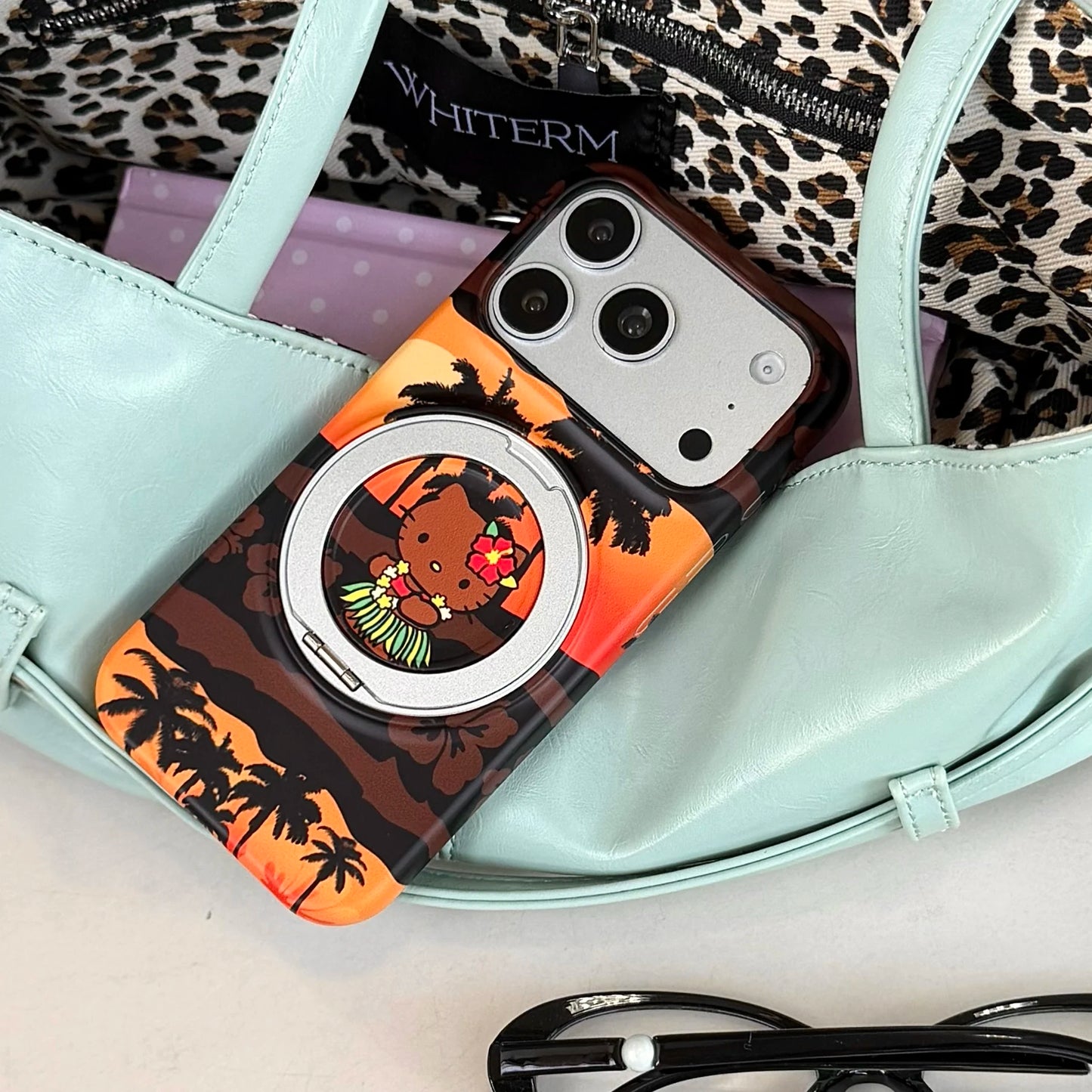 Luxury Black Skin Sanrio Hello Kitty Magnetic Stand Phone Case For iPhone