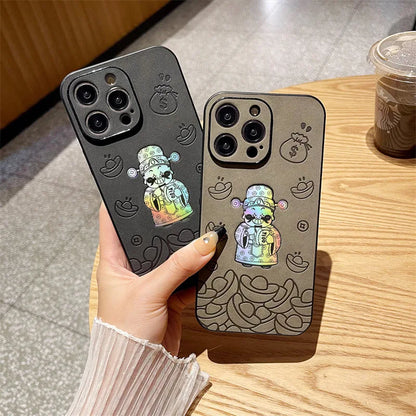 Luxury God of Wealth Laser Leather Texture Phone Case For iPhone