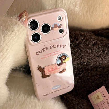Korean Cute Cartoon Embroidery Plush Puppy Kitten Couple Phone Case For iPhone