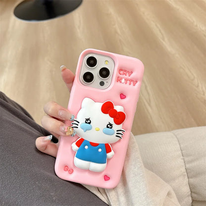 Kawaii 3D Cartoon Cry Hello Kitty Telescopic Bracket Soft Silicone Phone Case For iPhone