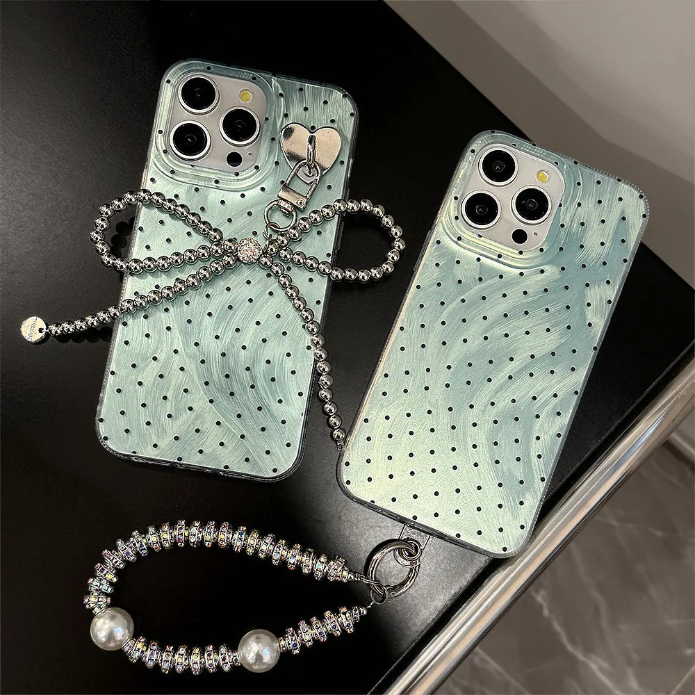 Y2K Green Polka Dot Beaded Bracelet Phone Case For iPhone