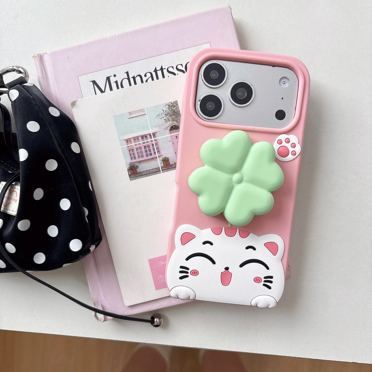 Kawaii 3D Cartoon Cat Rotate Lucky Clover Grip Tok Phone Holder Case For iPhone