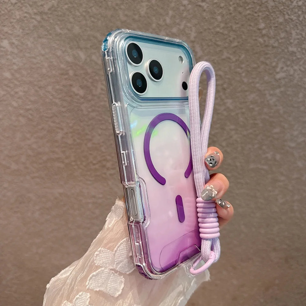 For Magsafe Gradient Double Color Lanyard Case For iPhone