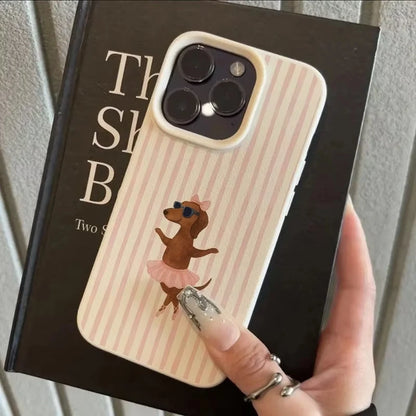 Striped Ballet Sausage Dog Pattern Lychee Texture Phone Case For iPhone