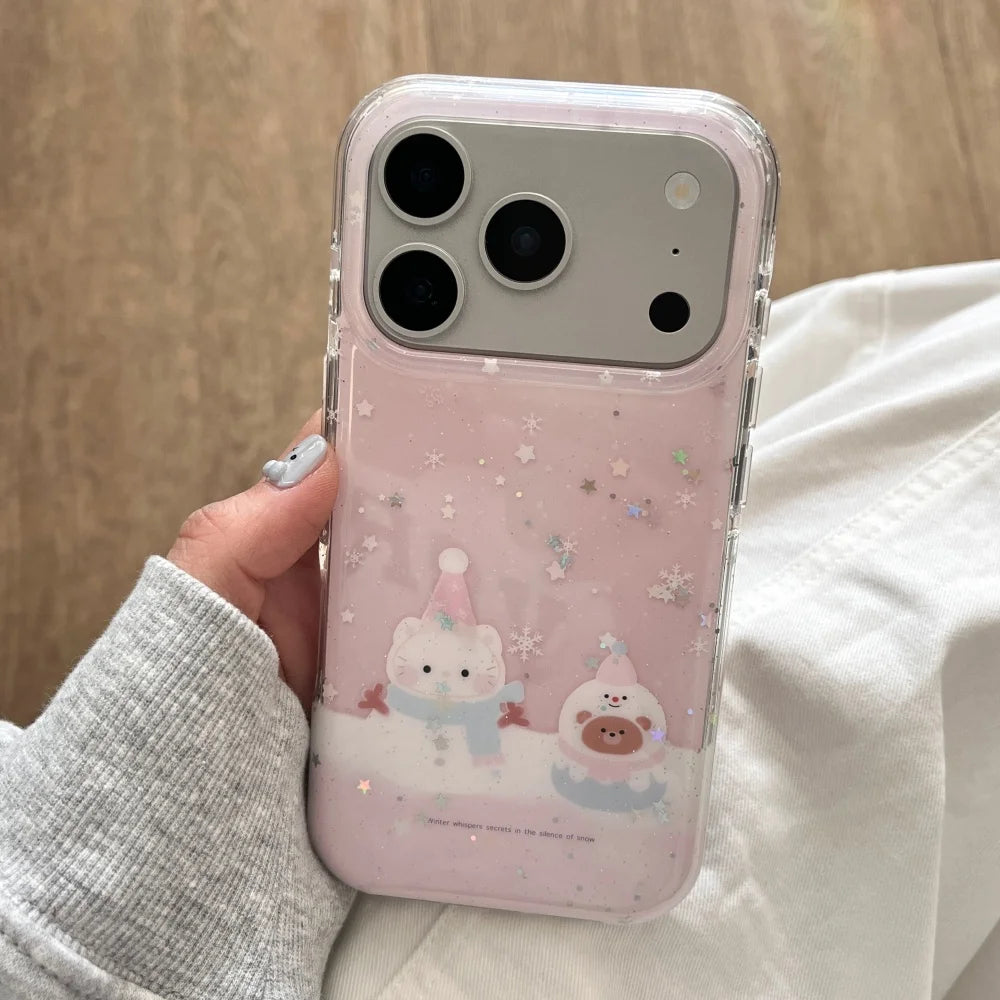 Korean INS Glitter Snowman Kitty Cat Phone Case For iPhone