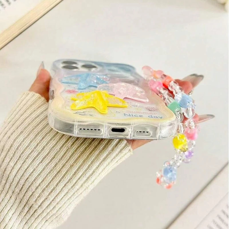 Cartoon Starfish Shell Transparent Wavy-Edge Phone Case For iPhone