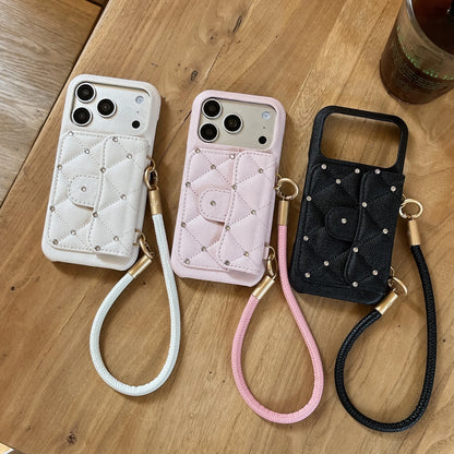 Fashionable Minimalist Diamond-Encrusted Phone Case with Hand Rope For iPhone