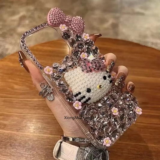 Hello Kitty Cute Cat Bow Flower Bling Glitter Diamond Custom Phone Case