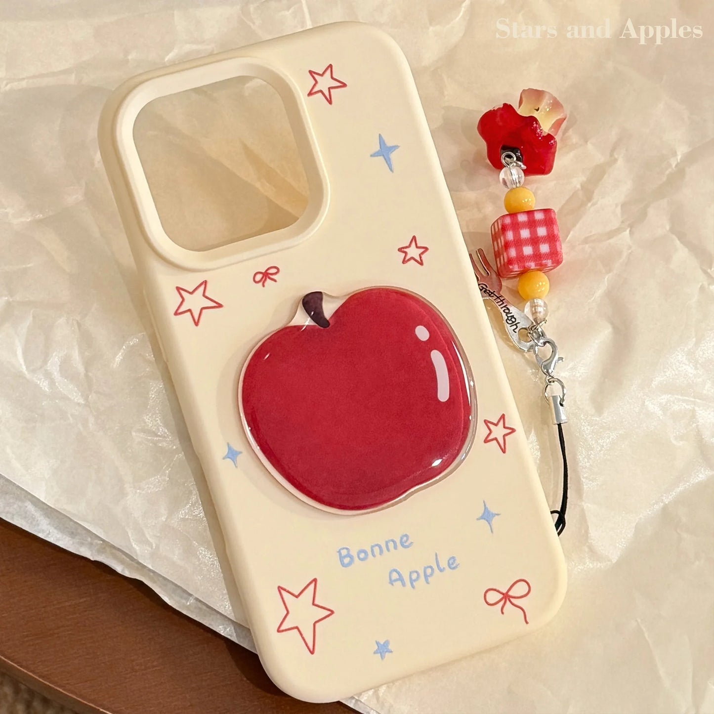 Korean 3D Cartoon Red Apple With Fork Apple Core Pendant Soft Phone Case For iPhone
