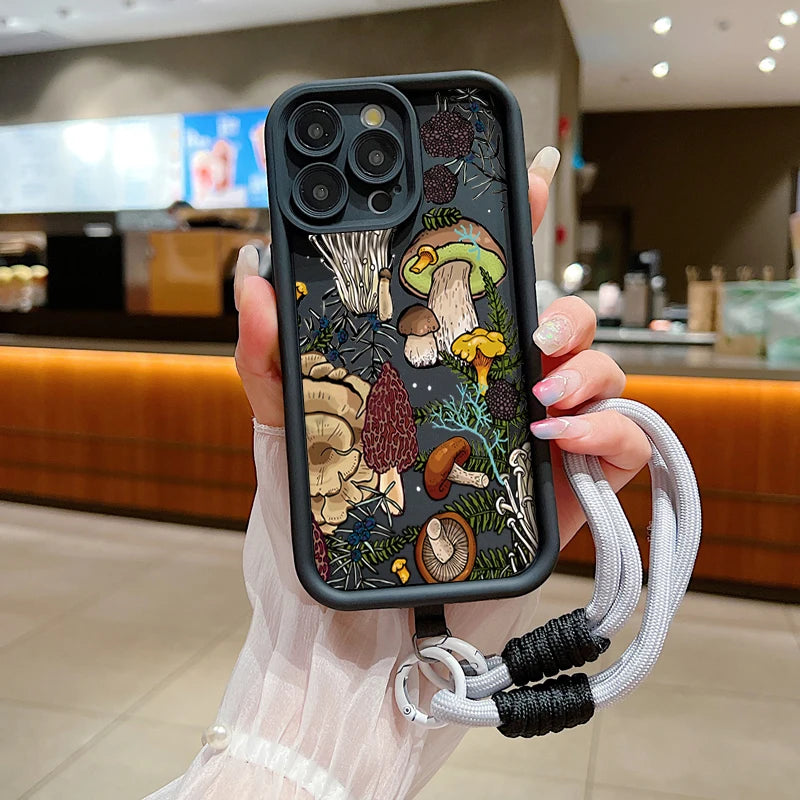 Colorful Mushroom Silicone Lanyard Rope Phone Case For IPhone