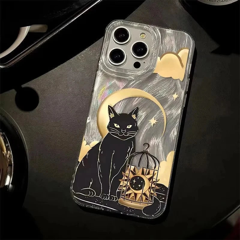 Black Cat Moon Star Birdcage Aesthetic Reflective Case For iPhone