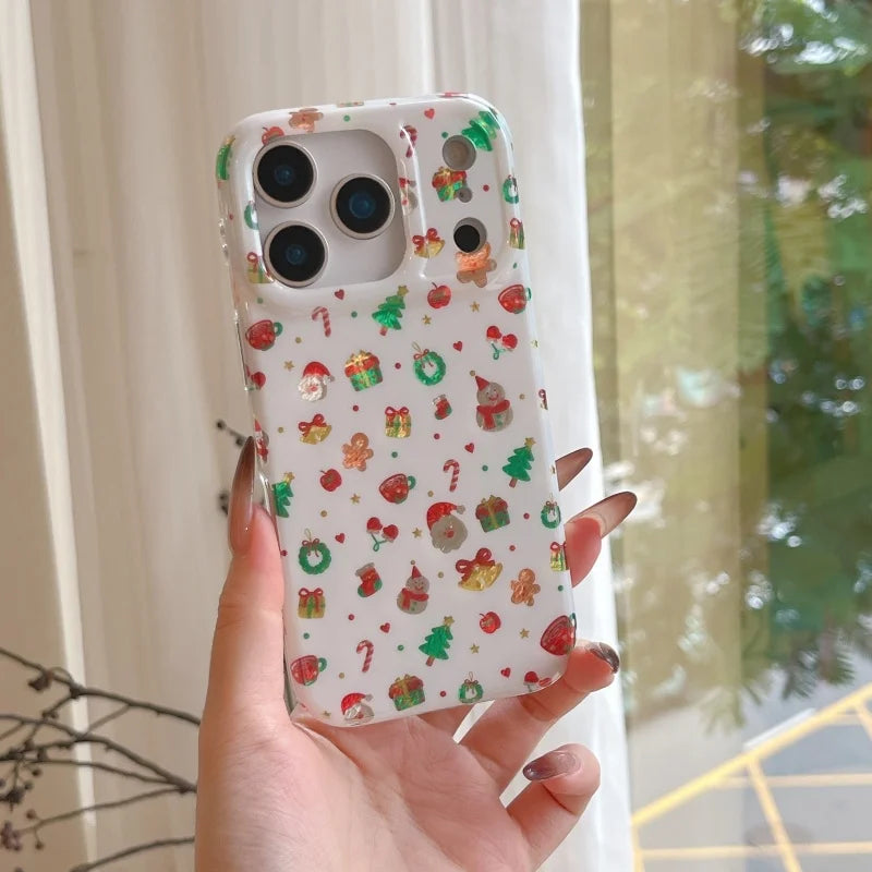 Cute Christmas Cartoon Santa Claus Gingerbread Man Wishing Tree Sparkling Phone Case For iPhone