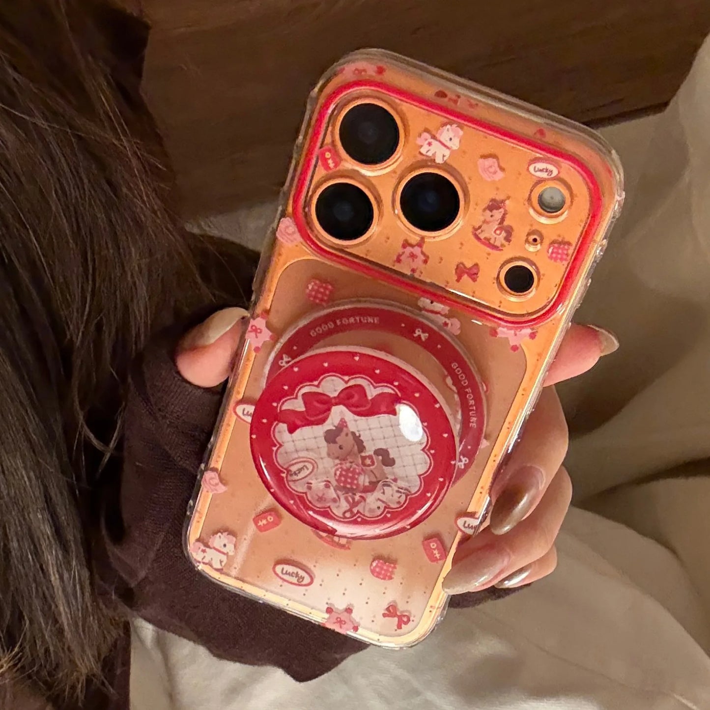 2026 Korean Cartoon Pony Quicksand Magnetic Bracket Phone Case For iPhone