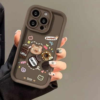Cute 3D Bear Coffee Donut Phone Case For iPhone