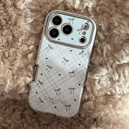 Korean Retro Plaid Grid Pattern Bowknot Leather Texture Phone Case For iPhone