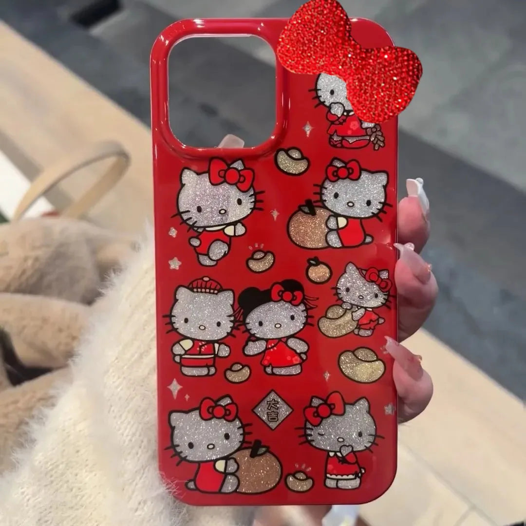 New Year's Ingots Red Hello Kitty Diamond Bow Phone Case For iPhone