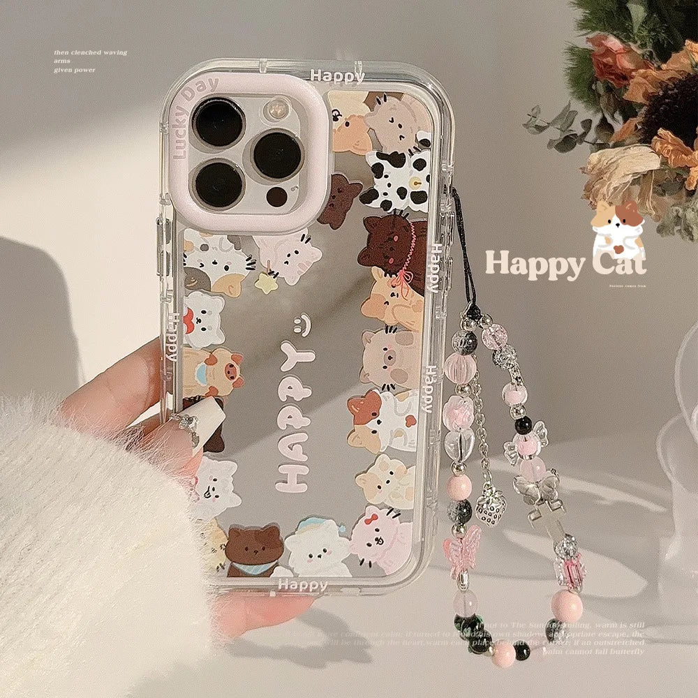 Korean Make Up Mirror Cartoon Kitten Phone Case Lanyard For iPhone