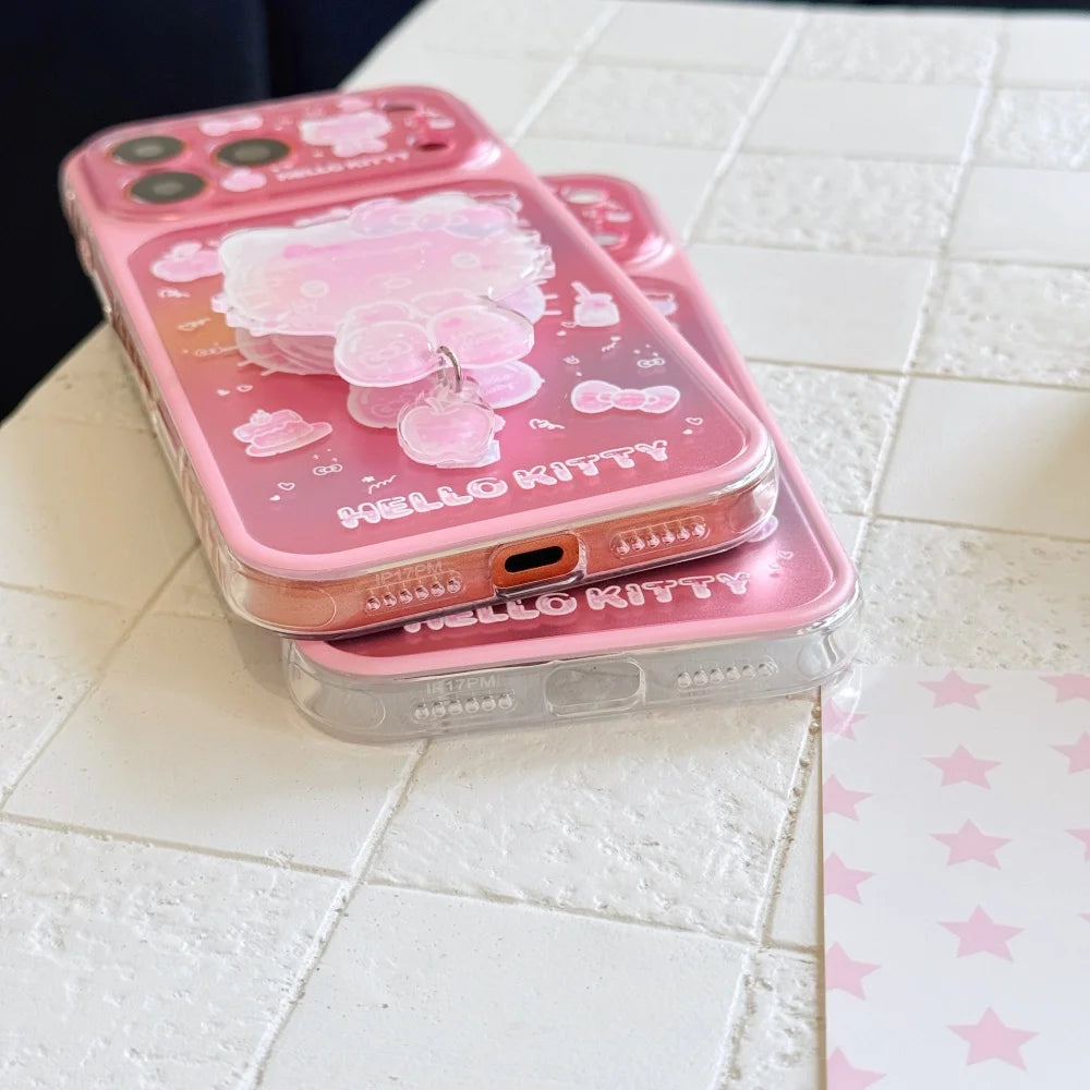 Kawaii Cartoon Sanrio Cute 3D Cartoon Pink KT Stand Holder Phone Case For iPhone