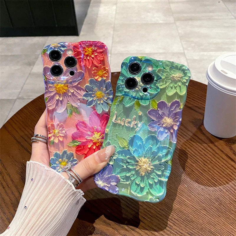Retro Blue Light Oil Painting Flowers Wavy Silicone Phone Case For iPhone