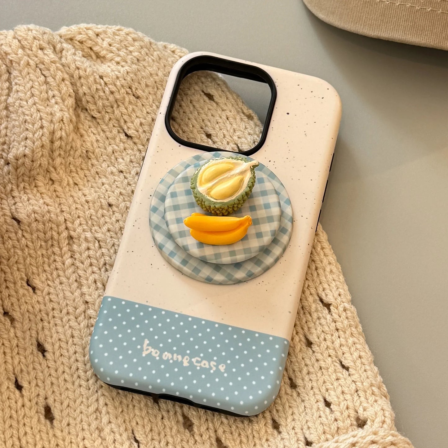 Korean Splicing 3D Cartoon Fruit Plaid Bracket Magnetic Phone Case For iPhone