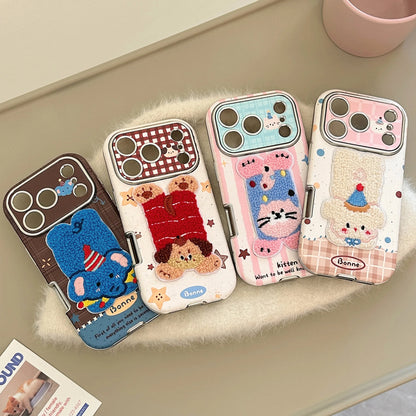 Korean Cartoon Embroidery Plush Animals Leather Texture Phone Case For iPhone