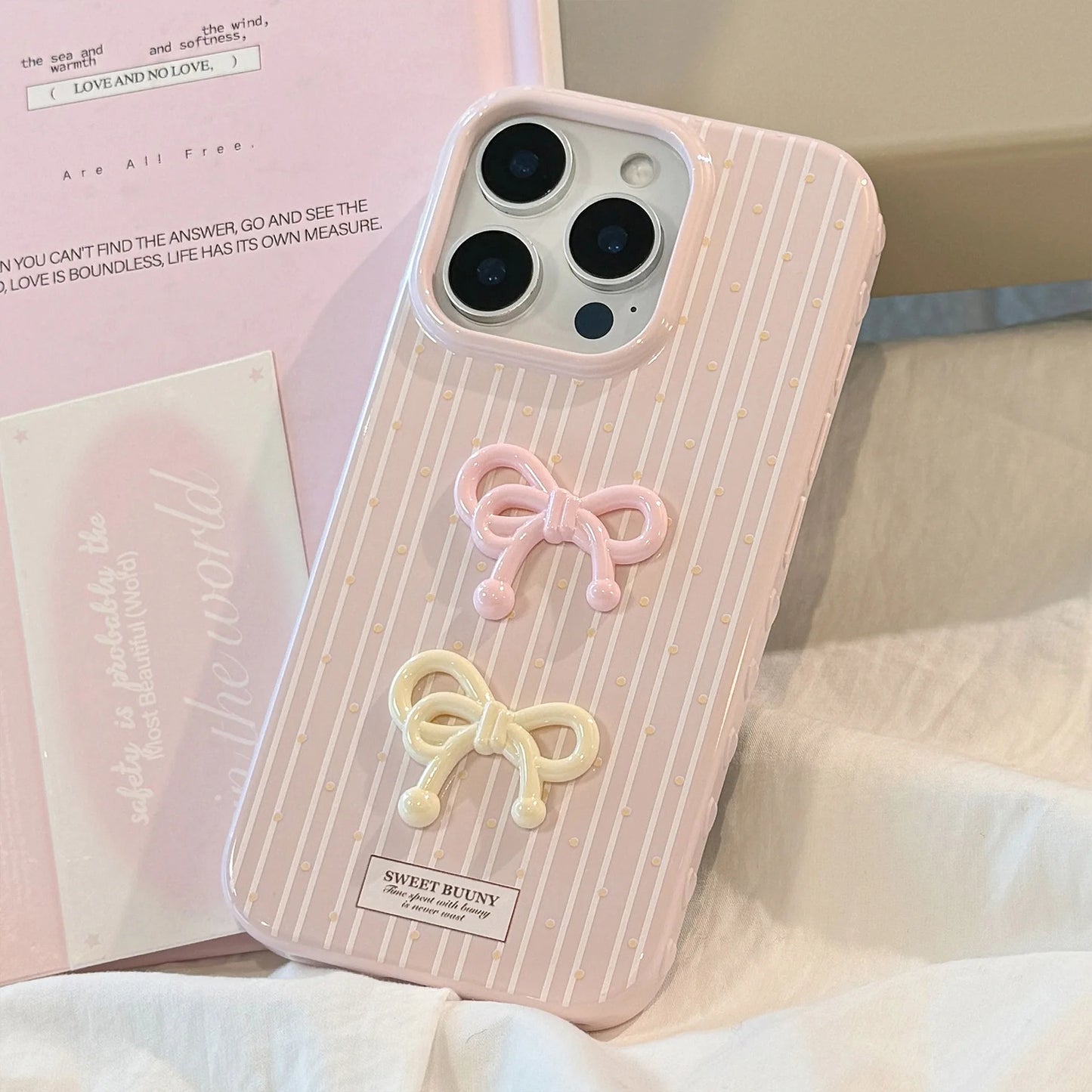 Korean Cute 3D Bowknot Pink Striped Wave Point Soft Phone Case For iPhone