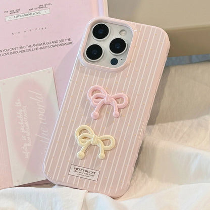 Korean Cute 3D Bowknot Pink Striped Wave Point Soft Phone Case For iPhone