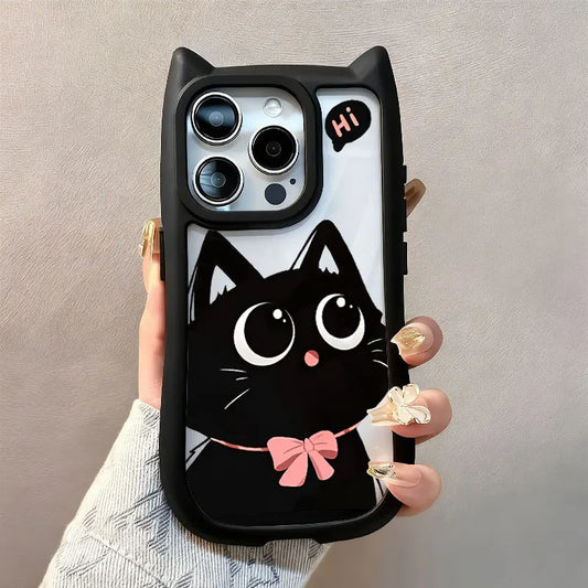 Cute Big Eyed Cat Pattern Cat's Ears Phone Case For iPhone