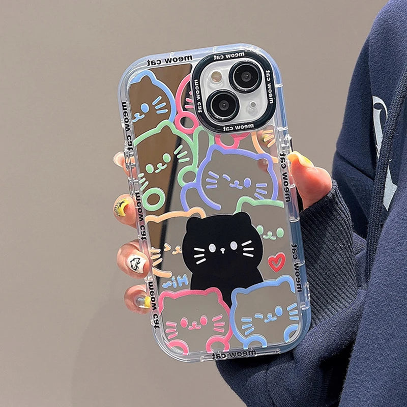 Cute Hello Cat Plating Mirror Painte Lines Phone Case