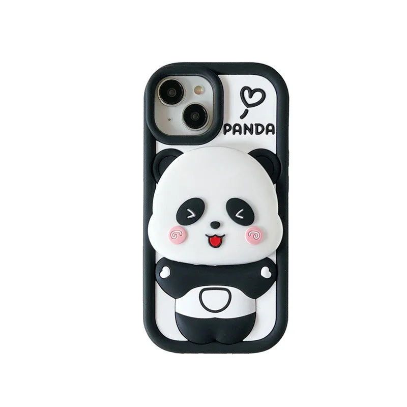 ins Cute Cartoon Panda Flip Mirror Bracket Soft Silicone Phone Case For iPhone