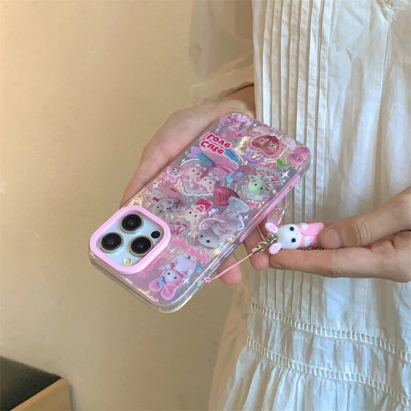 Luxury Laser Rainbow Cute Pink Heart Love Cat Cartoon Phone Case